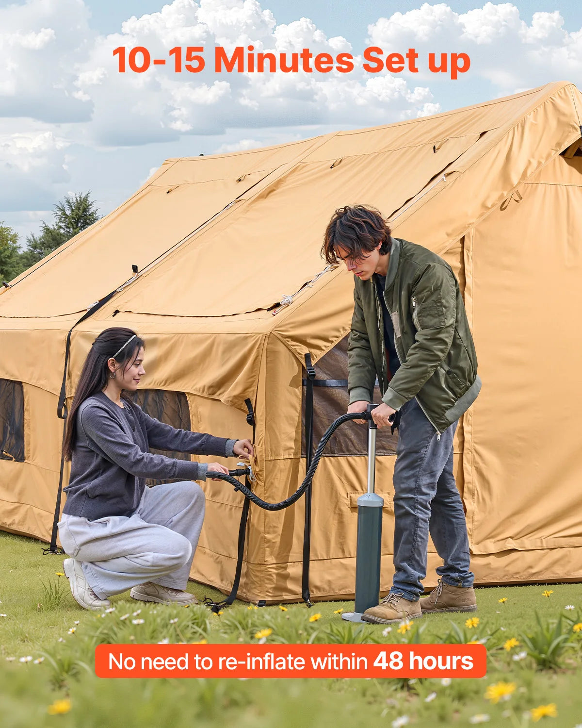 VEVOR Inflatable Tents for Camping Easy Setup Blow up Tent with Hand Pump Glamping Tent with Skylight Stove Jack & Mesh Windows