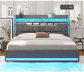 Queen Bed Frame with Storage Headboard, Metal Bed Frame with LED Lights & Charging Station, Upholstered Queen Bed with Marshmall