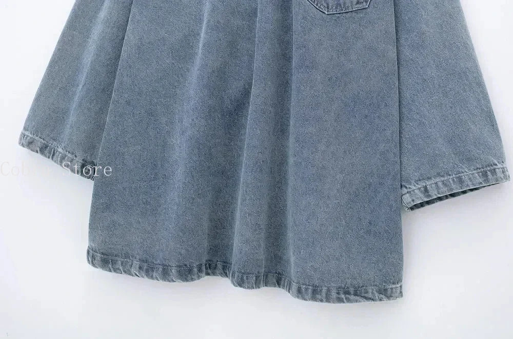 Women's Long Sleeve Denim Mini Dress with Pocket, Lapel Collar, Front Zipper, Oversized Dresses, Female Fashion