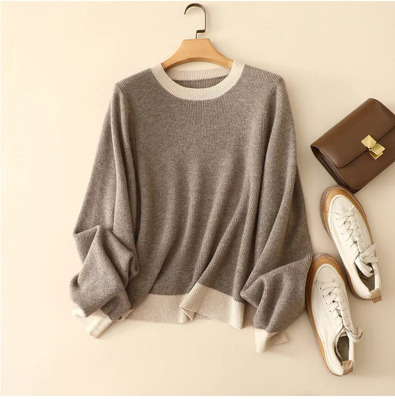 Naizaiga 100 cashmere O-neck cashmere natural color patchwork loose fitting Women spring autumn pullovers sweater  ,YLM352