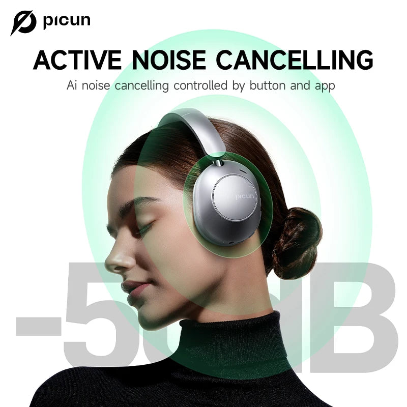 Picun F6 ANC Wireless Headphones Bluetooth 5.4 Hi-Res Audio Over Ear Headset 52dB Hybrid Active Noise Cancellation Earphone 120H