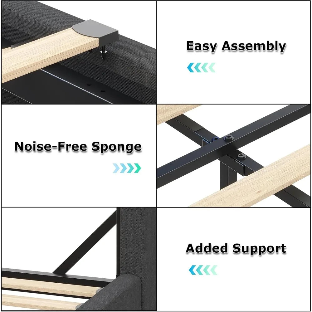 Queen Bed Frame with Storage Headboard, Metal Bed Frame with LED Lights & Charging Station, Upholstered Queen Bed with Marshmall