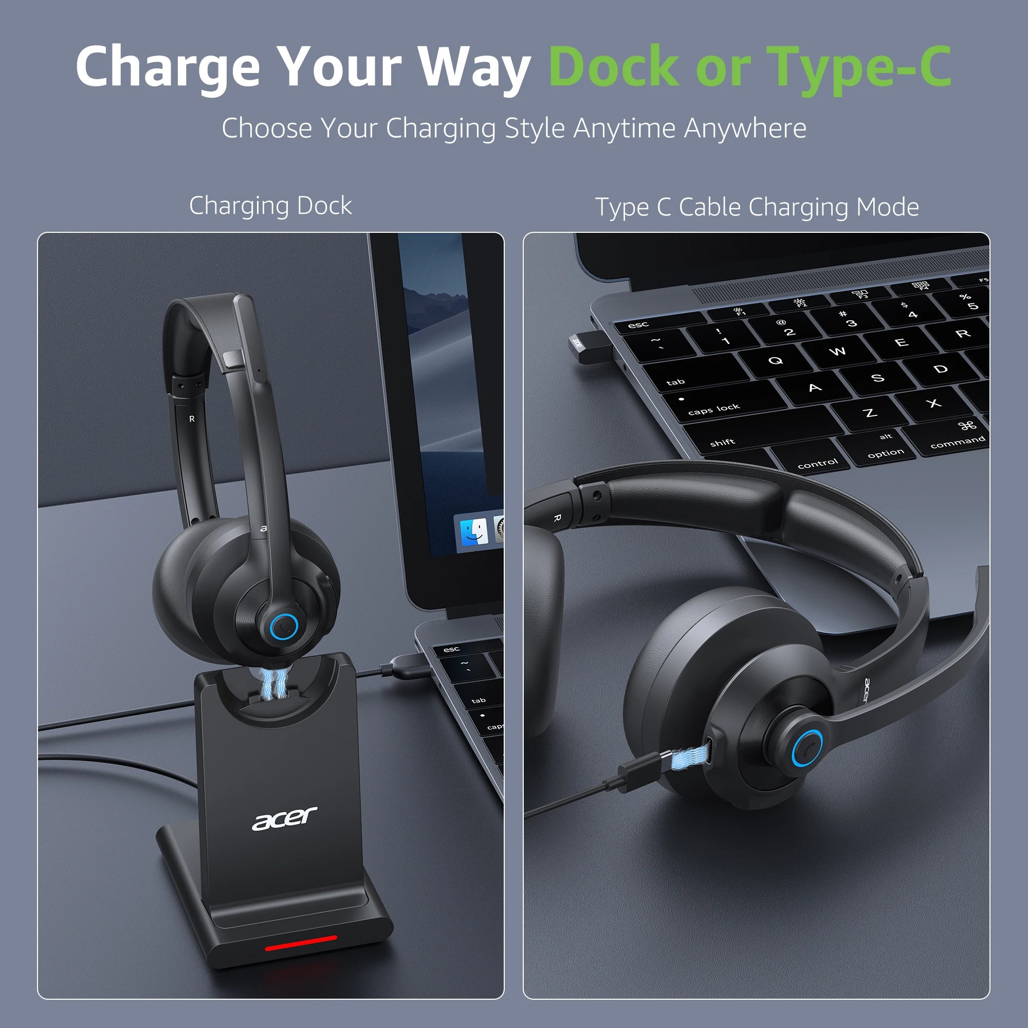 Acer HB02 Call Center Wireless Headset with Mic for Work 2.4G USB Dongle Bluetooth 5.3 Dual Mode Headphones ENC Clear Calls