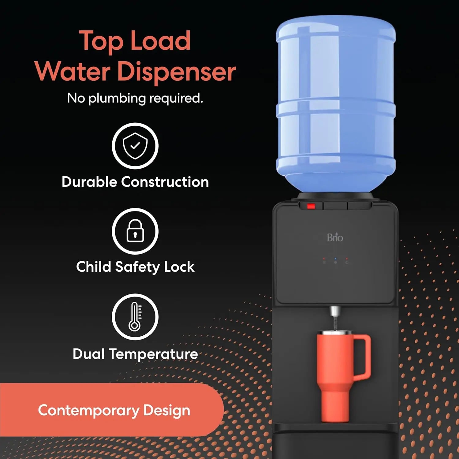 Top-Load Water Cooler Dispenser for 3-5 Gallon Bottles, Hot & Cold with Spill-Free Loading and Child Safety Lock, Black