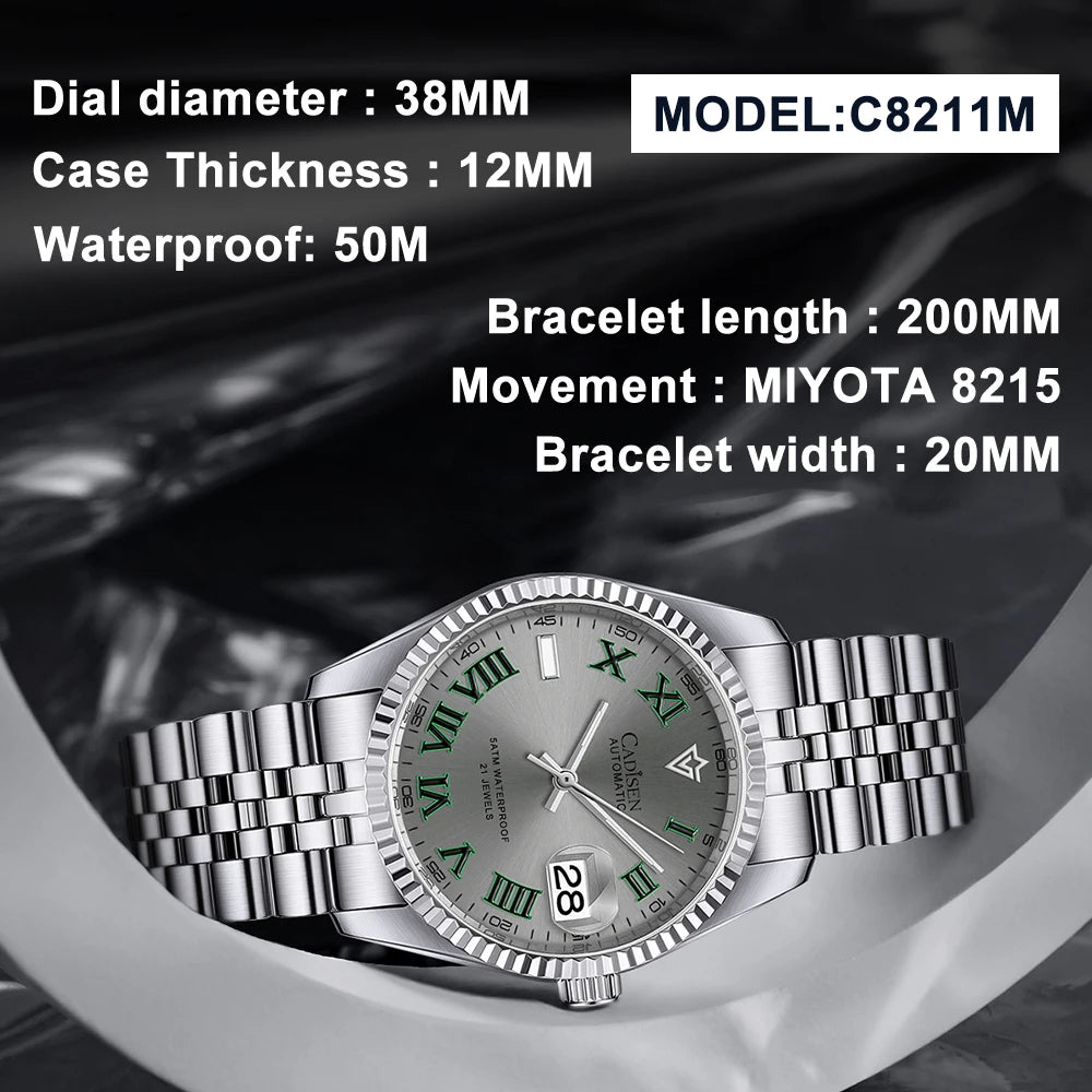 CADISEN 38MM Men's Automatic Mechanical Watch Luxury AR Sapphire Glass Waterproof Stainless Steel MIYOTA 8215 Men Wristwatch