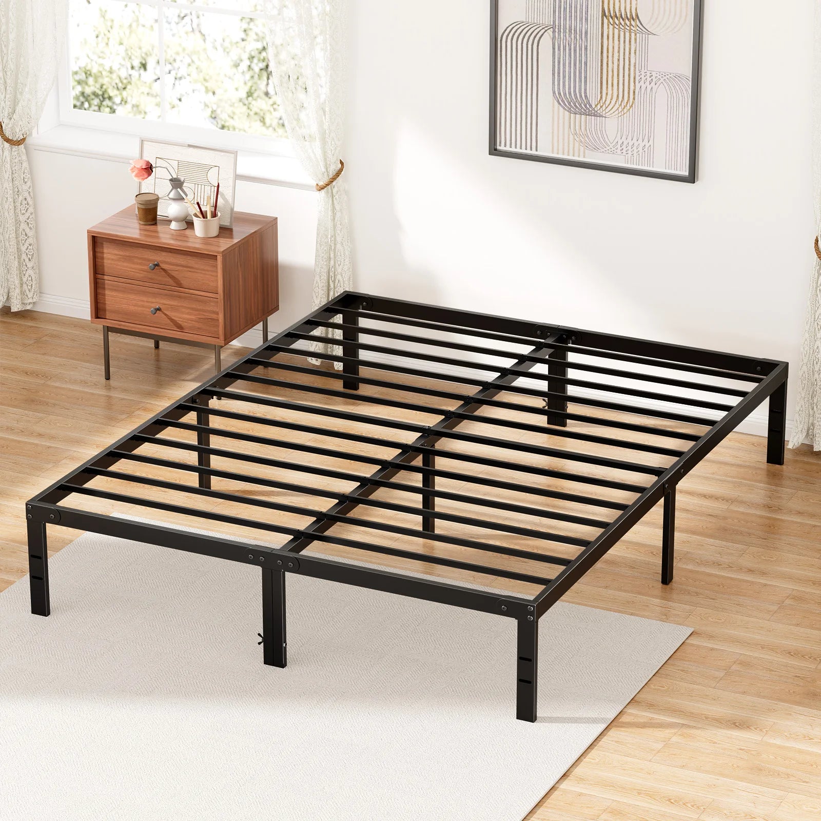 JHK Basic Twin Full Queen King Size Bed Frame Metal Platform Bedroom Frames with Storage Space Sturdy Steel Slat Support 350LBS