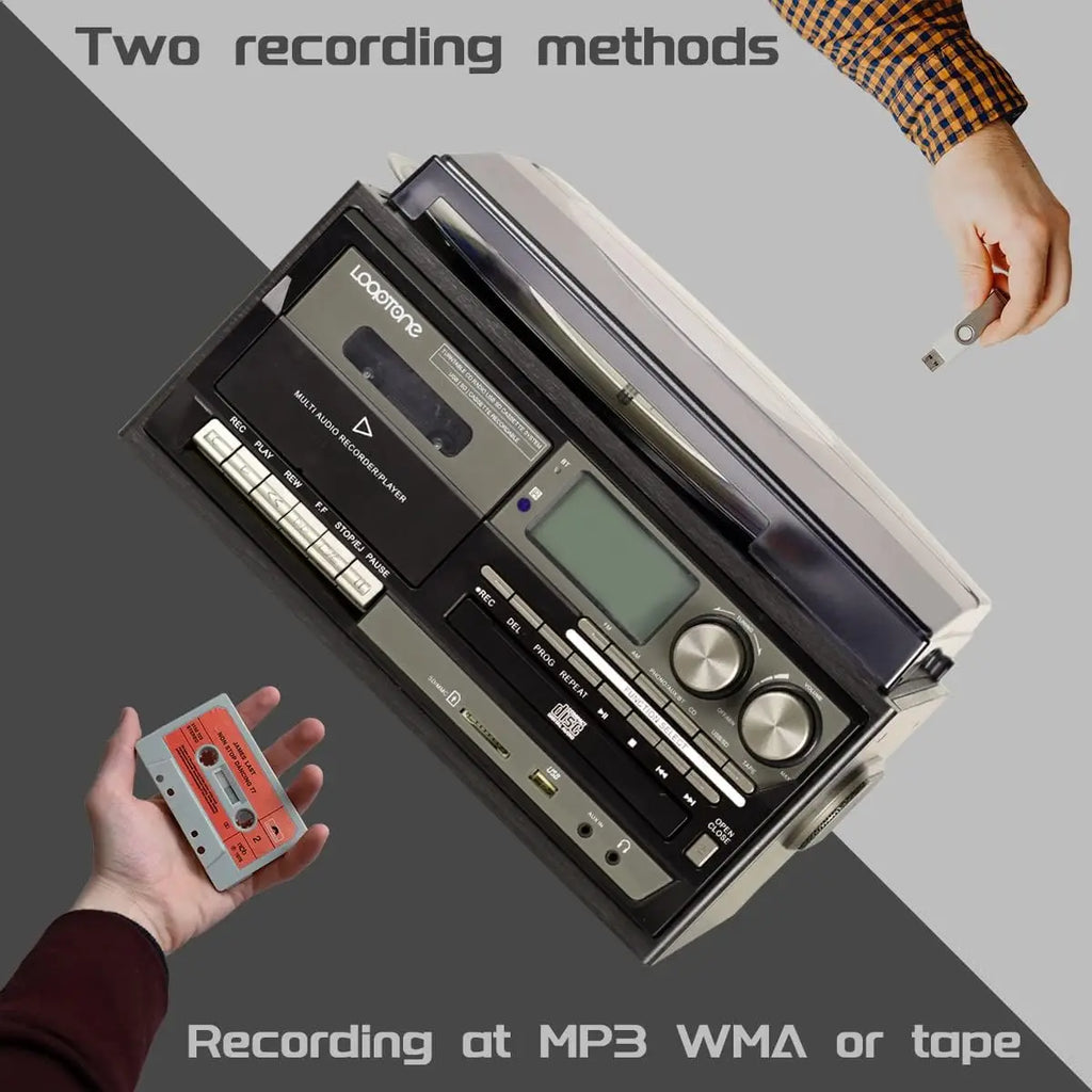 10-in-1 Vintage Turntable: 3-Speed Bluetooth, CD, Cassette, AM/FM Radio, USB, Aux, RCA (Black-Grey)