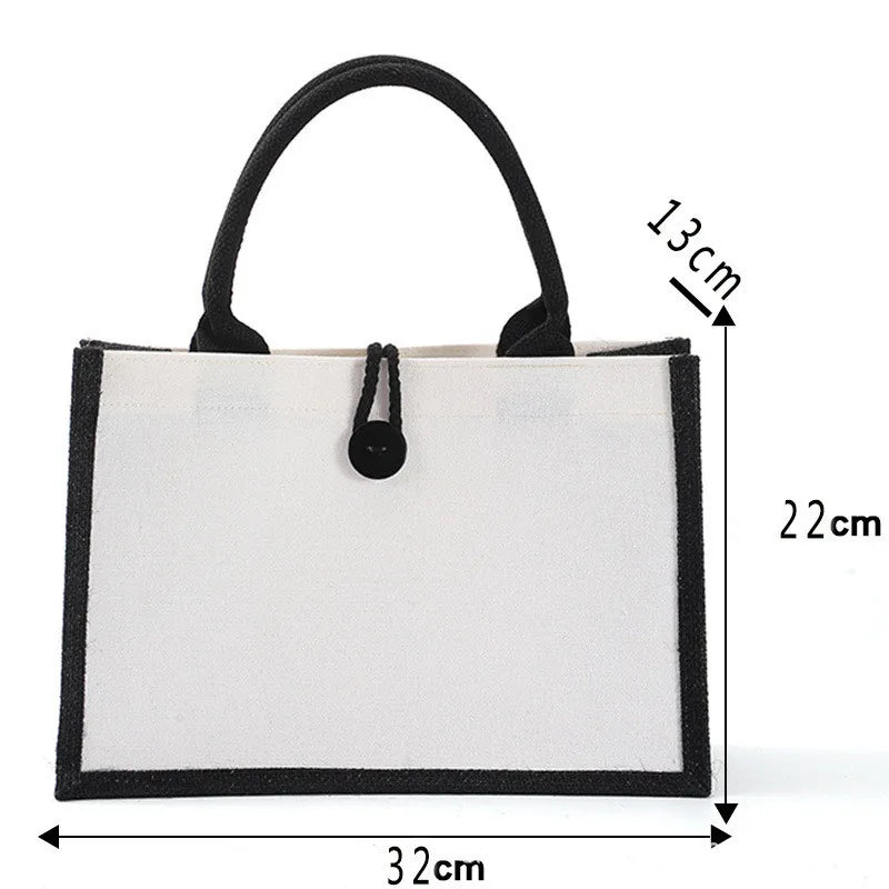 Black/White Women Girl DIY Blank Grocery Handbag Large Capacity  Foldable Travel Storage Organizer Jute Burlap Tote Bags
