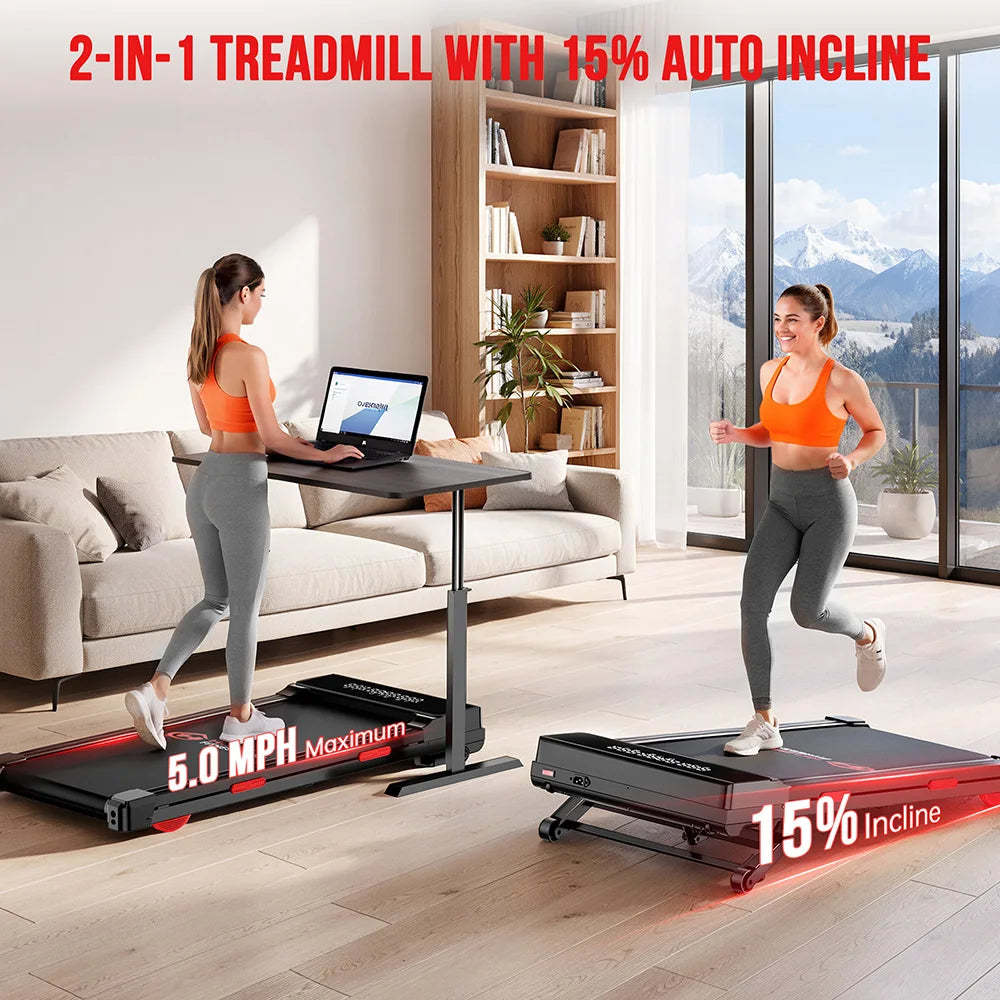 Walking Pad Treadmill 15% Auto Incline with Remote Control LED Screen Under Desk Treadmill, Compact Treadmills for Home Hiking