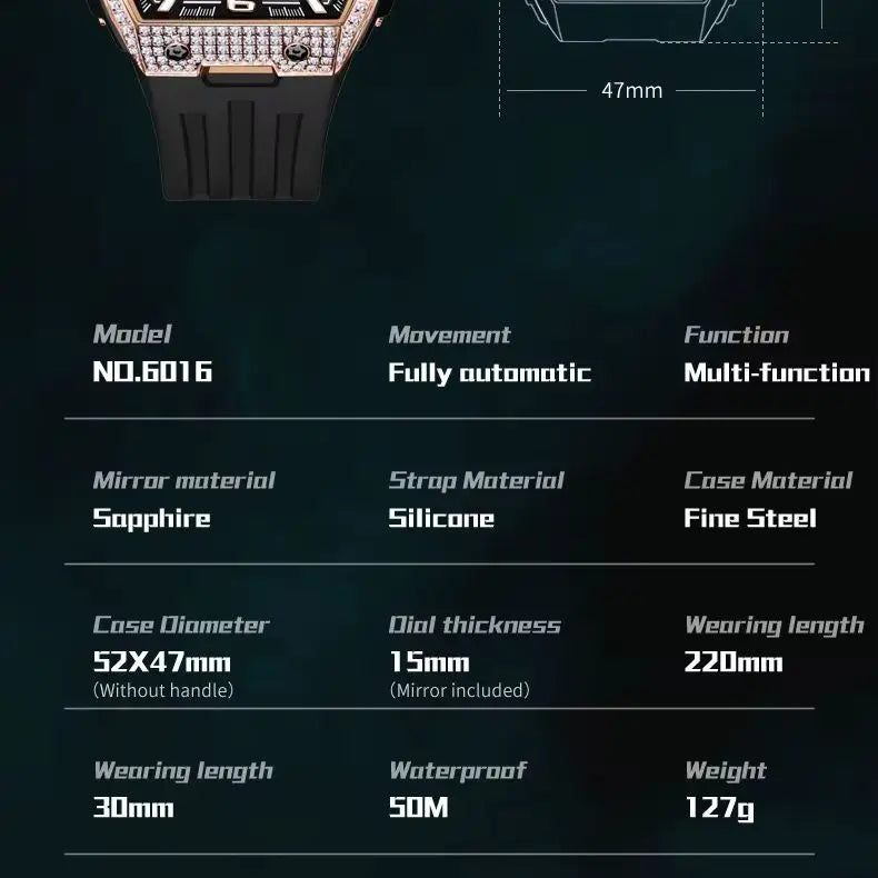 GELATU 6016 Skeleton Flywheel Automatic Men Watch Original Waterproof Silicone Strap Luxury Brand Diamond Men Mechanical Watch