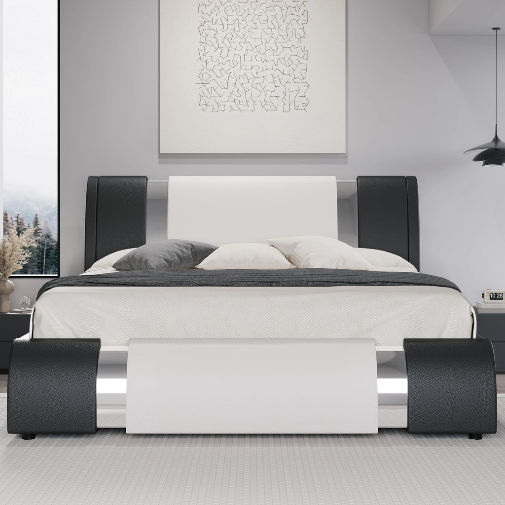 HOOMIC Modern Faux Leather Bed Frame with Iron Pieces Decor, Low Profile Platform Bed with Height-Adjustable Headboard
