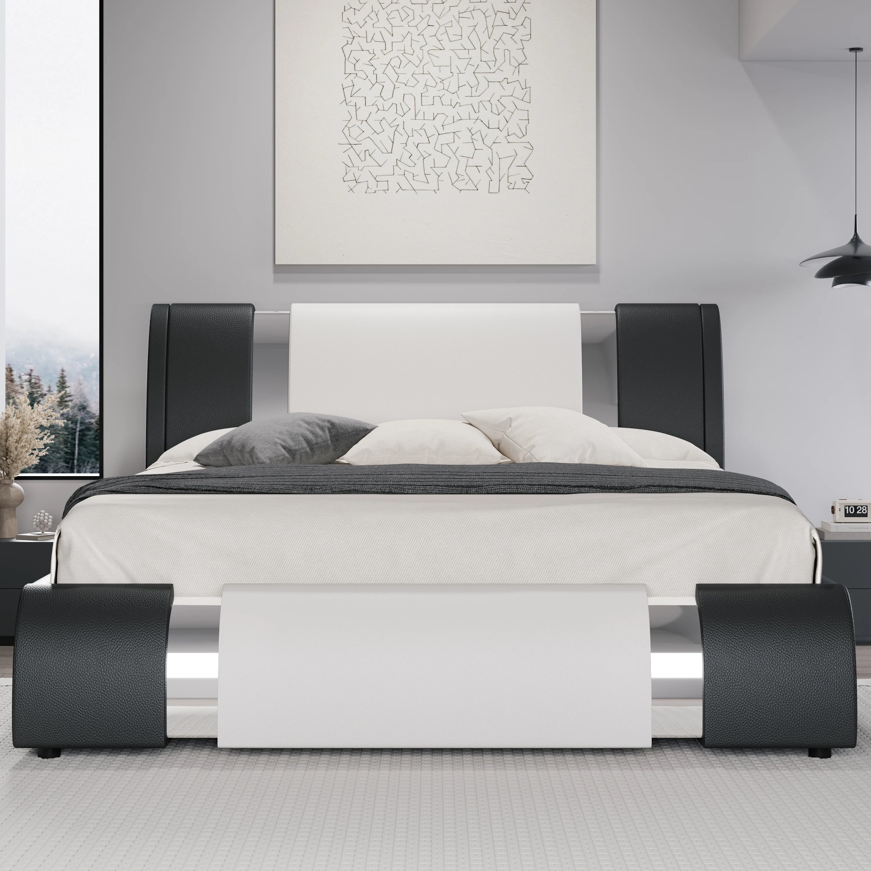 HOOMIC Modern Faux Leather Bed Frame with Iron Pieces Decor, Low Profile Platform Bed with Height-Adjustable Headboard
