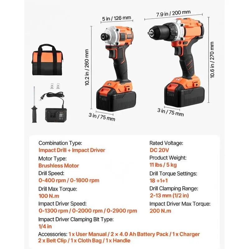 Electric Power Tool Set 20V Max for Home Maintenance Workshop Projects Construction Site 1/2 in Drill 1/4 in Driver 4.0 Ah Batteries Screws Charger Cloth Bag
