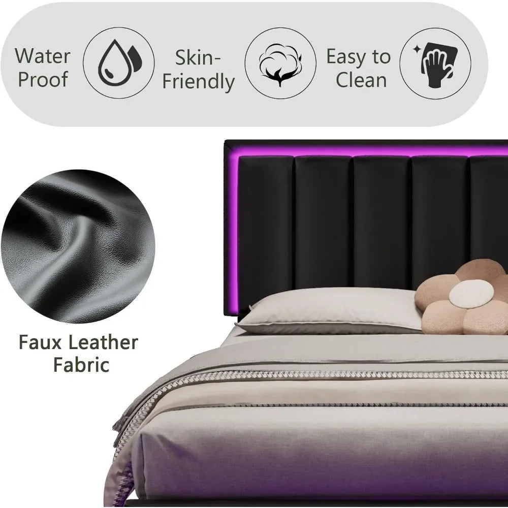 Bed Frame, Upholstered Bed Frame Queen Size with Headboard, RGB LED Ligths, Solid Wood Slats Support, No Box