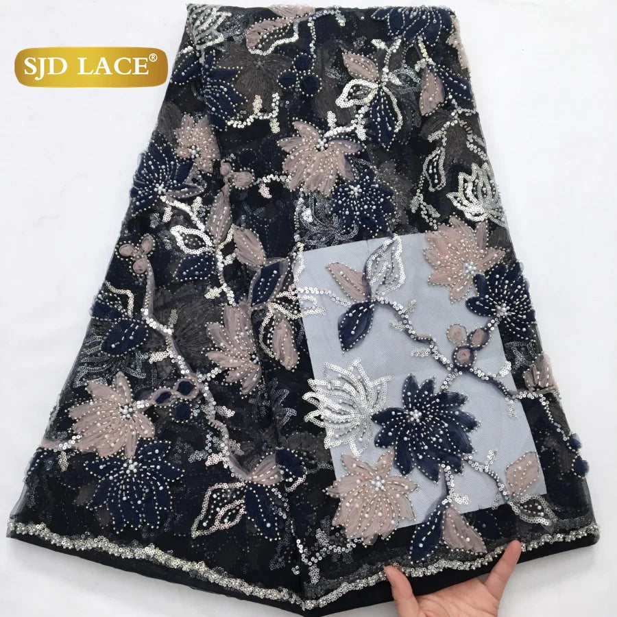 SJD LACE African Luxury Beads Mesh Lace Fabrics Nigerian Tulle 2025 French Tulle Beaded Net Lace for Women Evening Dresses A4034