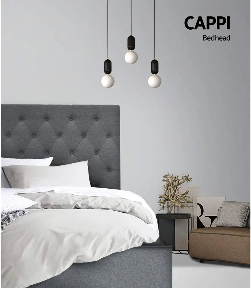 King Single Bed Headboard Headboards Tufted Beds Head Frame Base Upholstered with Grey Faux Linen Fabric Foam Wood, 116 x 120 x