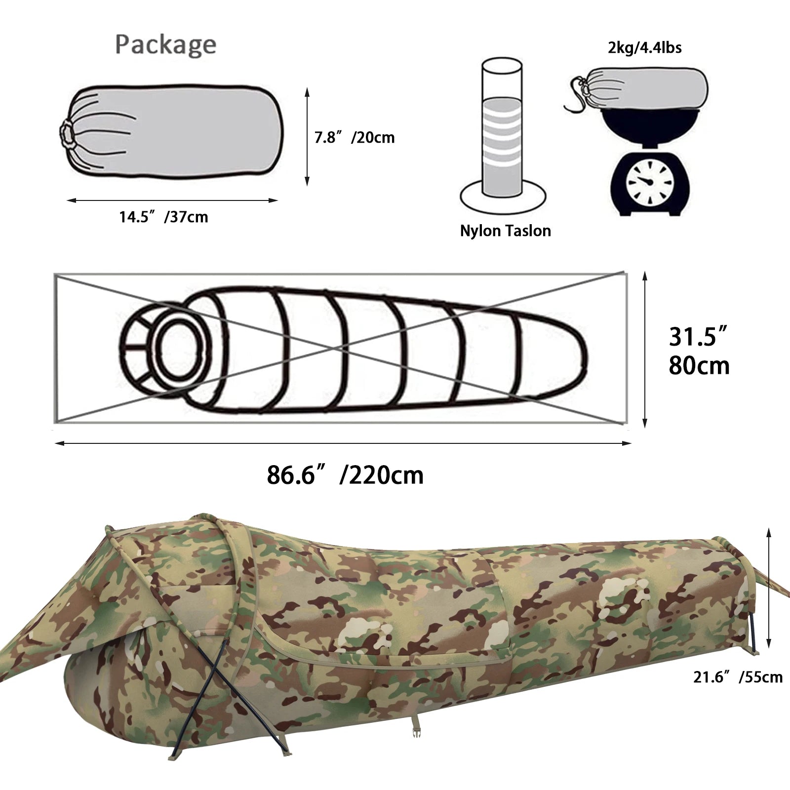 MT Military Hideaway Bivy Cover Stealth Compact Single-Pole Hooped Tent for Modular Sleeping Bag with Mosquito Net Mesh