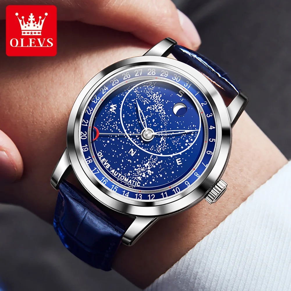 OLEVS Men's Watches Moon Phase Automatic Mechanical Watch for Man Blue Leather Luxury Dress Waterproof Luminous Wristwatch