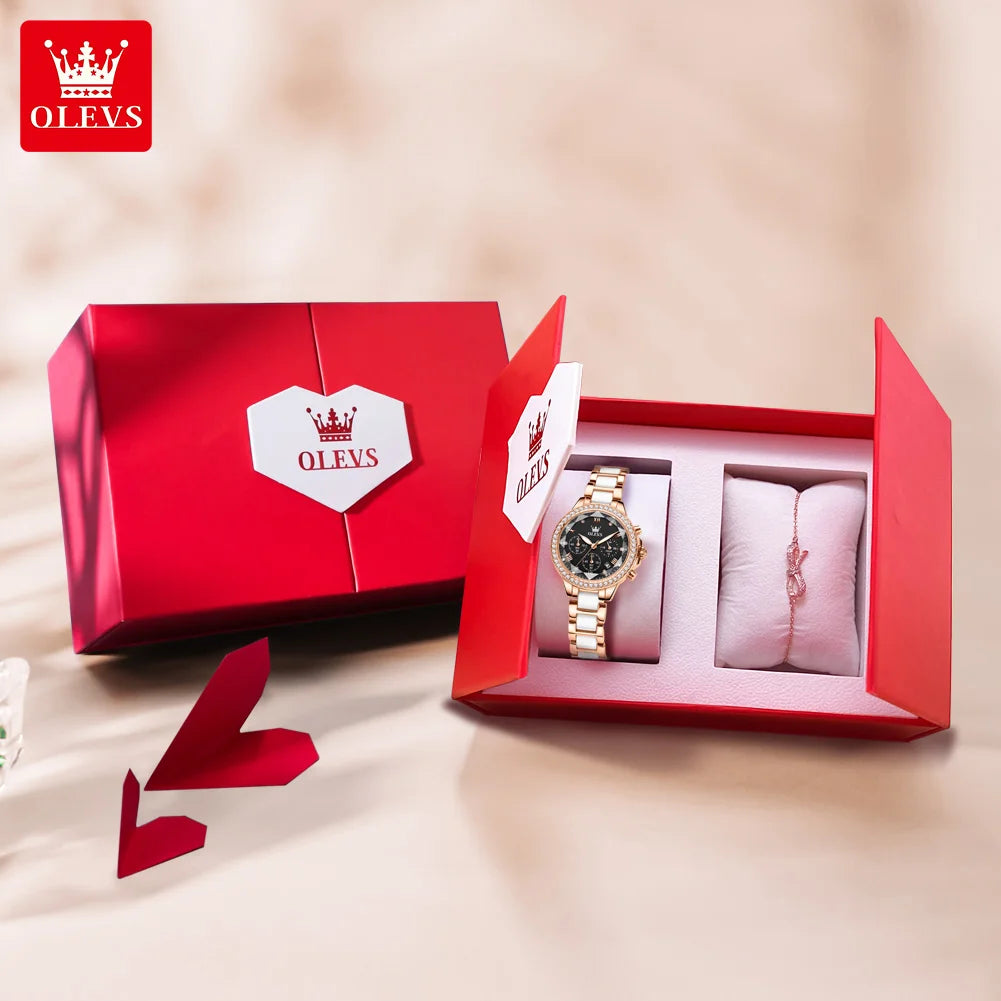 OLEVS 9999 Women Watch Brand Original Elegant Waterproof Chronograph Luxury Ceramic Dress Pink Women Quartz Watch Reloj Mujer