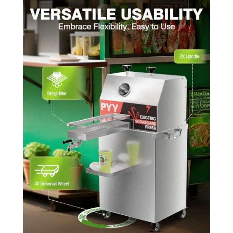 Commercial sugar cane juicer machine for food service, stainless steel 3-roller extractor in silver with efficient juice extrac