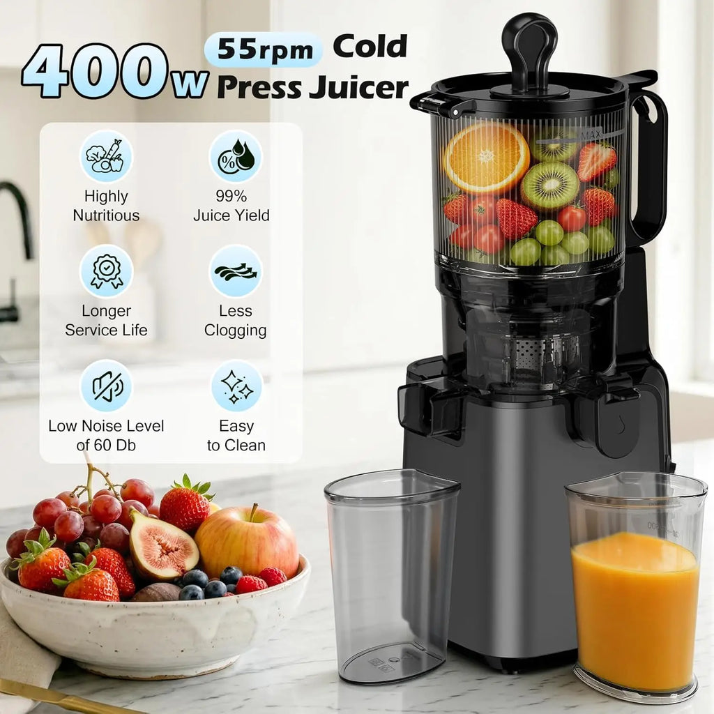 2-in-1 Cold Press Juicer, 5.8" Wide Chute, 400W Masticating Juicer for Whole Fruits & Veggies, Easy Clean, Nut Milk & Juice