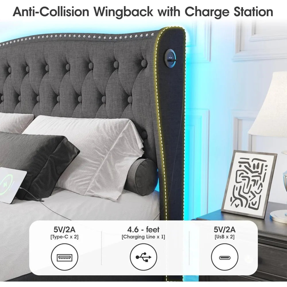 Vabches Queen Size LED Bed Frame with Storage Drawers and Charging Station, Upholstered Platform Bed Frame with Wingback Headboa
