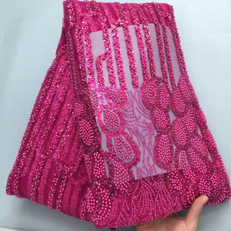 SJD LACE African Luxury Beads Mesh Lace Fabrics Nigerian Tulle 2025 French Tulle Beaded Net Lace for Women Evening Dresses A4034