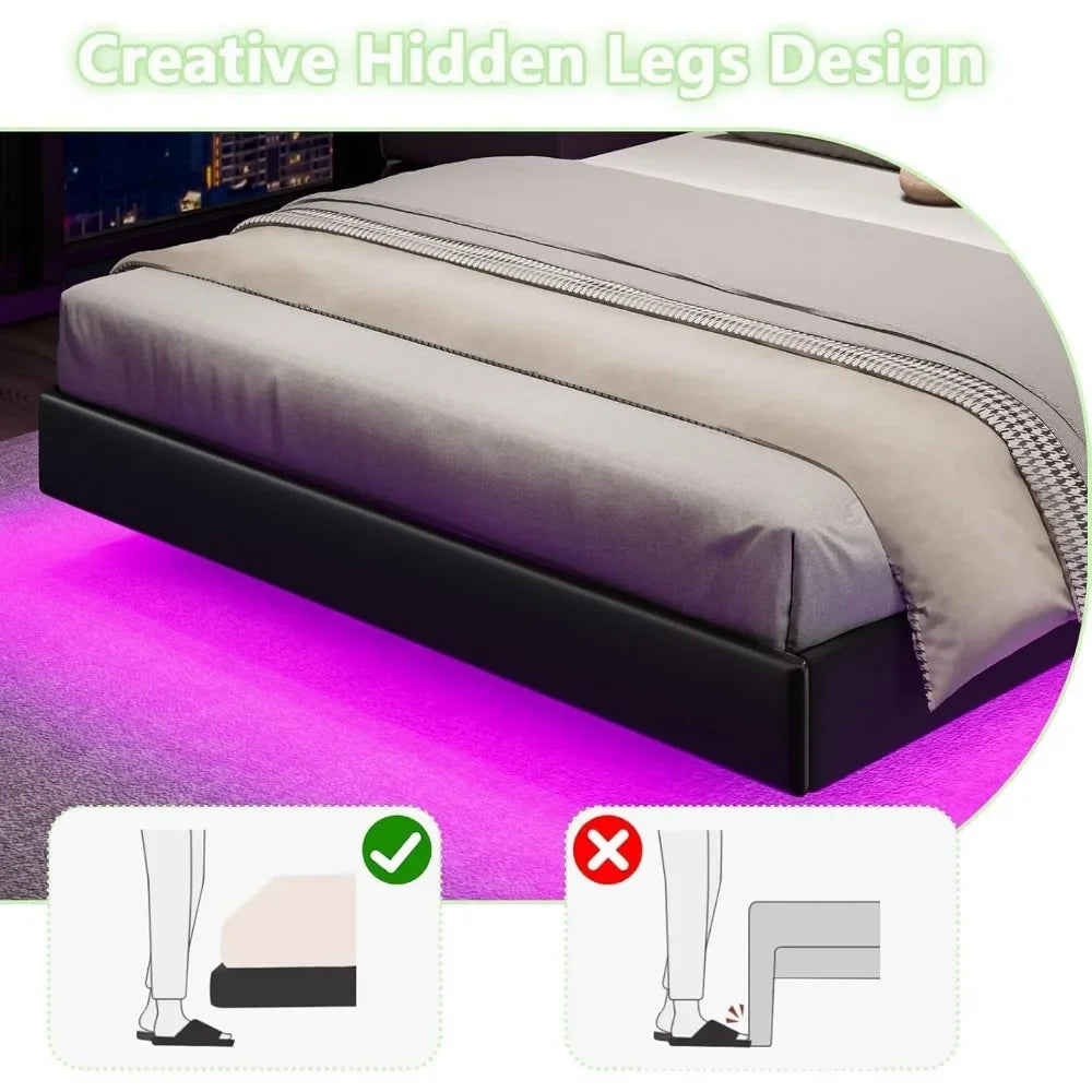 Bed Frame, Upholstered Bed Frame Queen Size with Headboard, RGB LED Ligths, Solid Wood Slats Support, No Box