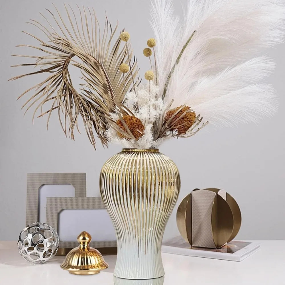 Large Handmade Porcelain Vase with Lid, White Gold Ceramic Decorative Flower Vase for Home Living Room Decor