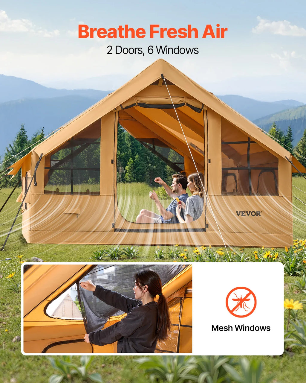 VEVOR Inflatable Tents for Camping Easy Setup Blow up Tent with Hand Pump Glamping Tent with Skylight Stove Jack & Mesh Windows