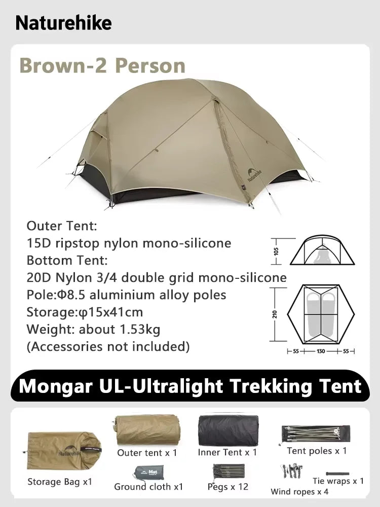 Naturehike Mongar UL Tent 1 2 Person Camping Outdoor Ultralight Tent Travel Backpacking 15D Waterproof Shelter Tent Hiking