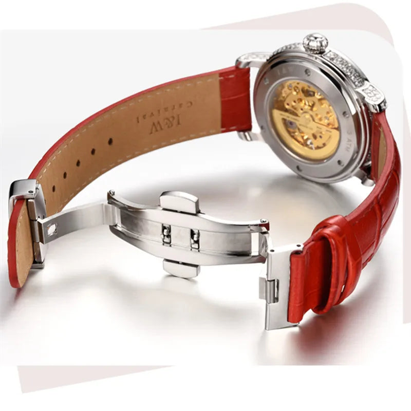 Luxury Mechanical Women Watches Brand Diamond Case Skeleton Elegant Leather Strap Waterproof Ladies Wristwatch Girls Dress Watch