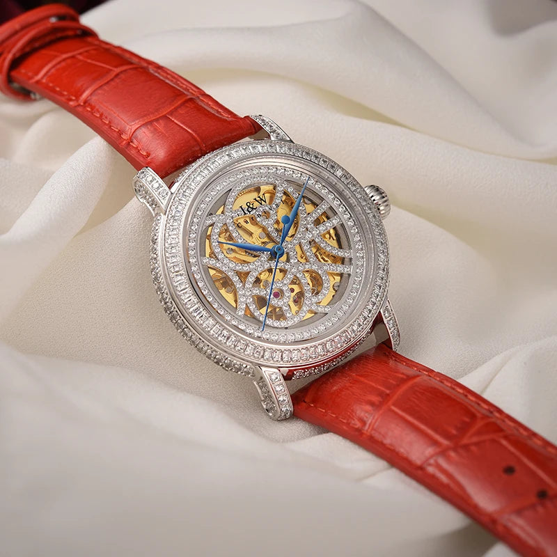 Luxury Mechanical Women Watches Brand Diamond Case Skeleton Elegant Leather Strap Waterproof Ladies Wristwatch Girls Dress Watch
