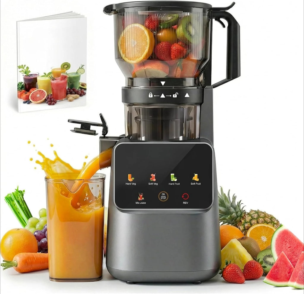 Cold Press Juicer Machines, 5.8'' Large Feed Chute for Whole Fruits and Vegetables, 300W Slow Masticating Juicer, High Juice Yield, 5 Smart Modes, Easy to Clean