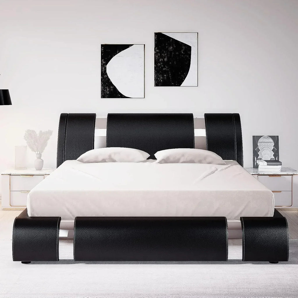 Queen size bed frame with iron sheet decoration, artificial leather cushioned platform bed with adjustable headboard, black