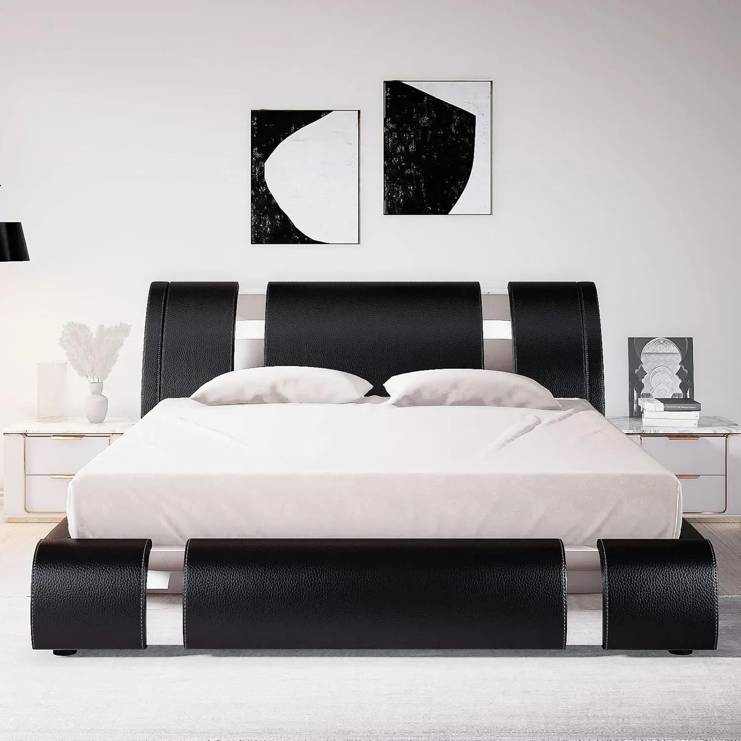 Queen size bed frame with iron sheet decoration, artificial leather cushioned platform bed with adjustable headboard, black