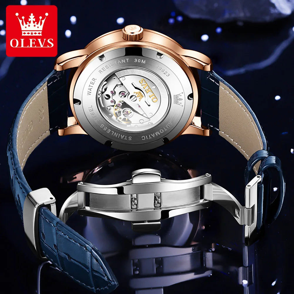 OLEVS Men's Watches Moon Phase Automatic Mechanical Watch for Man Blue Leather Luxury Dress Waterproof Luminous Wristwatch