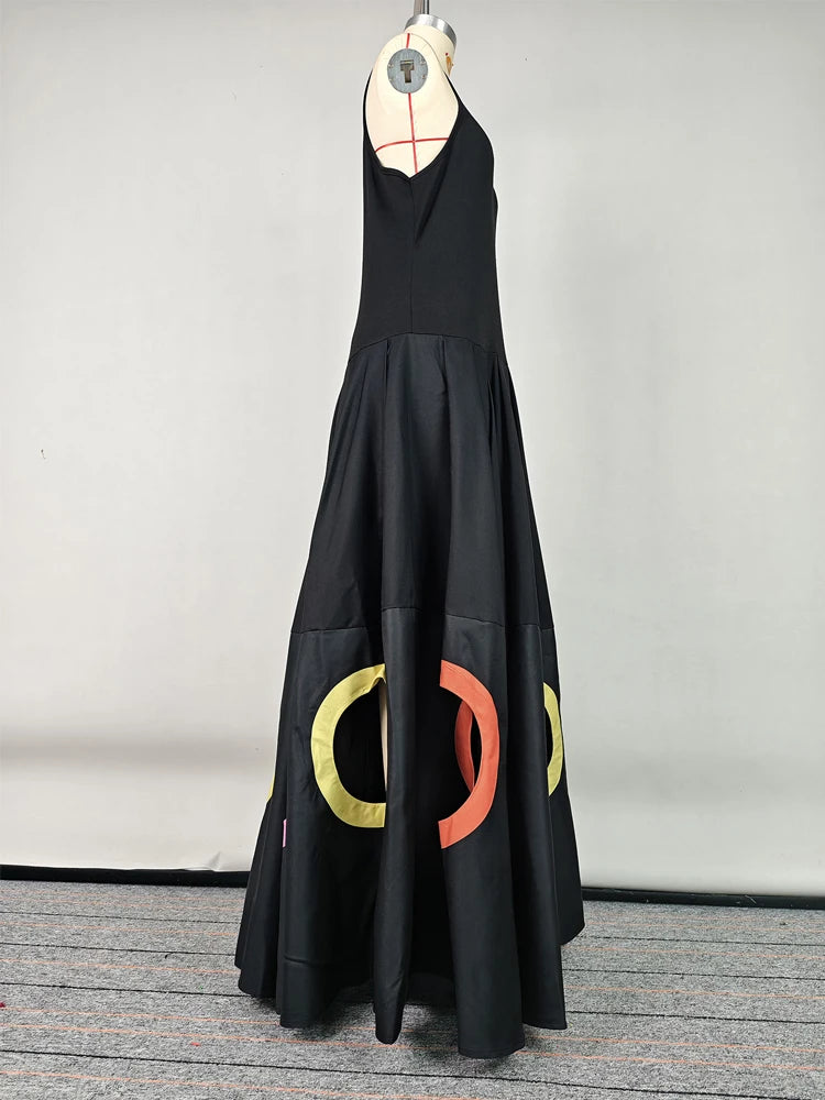 2025 Fashion Women's Stylish Dress Round Neck Sleeveless High Waist Pleated Party Dress Hollowed Floor Length Dress