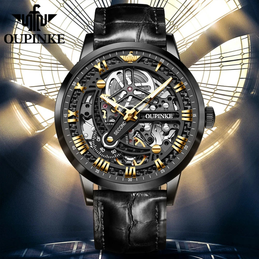 OUPINKE 3173 Man Watches Top Brand Automatic Mechanical Watch For Men Skeleton Flywheel Luxury 50M Waterproof Dress Hand Clock