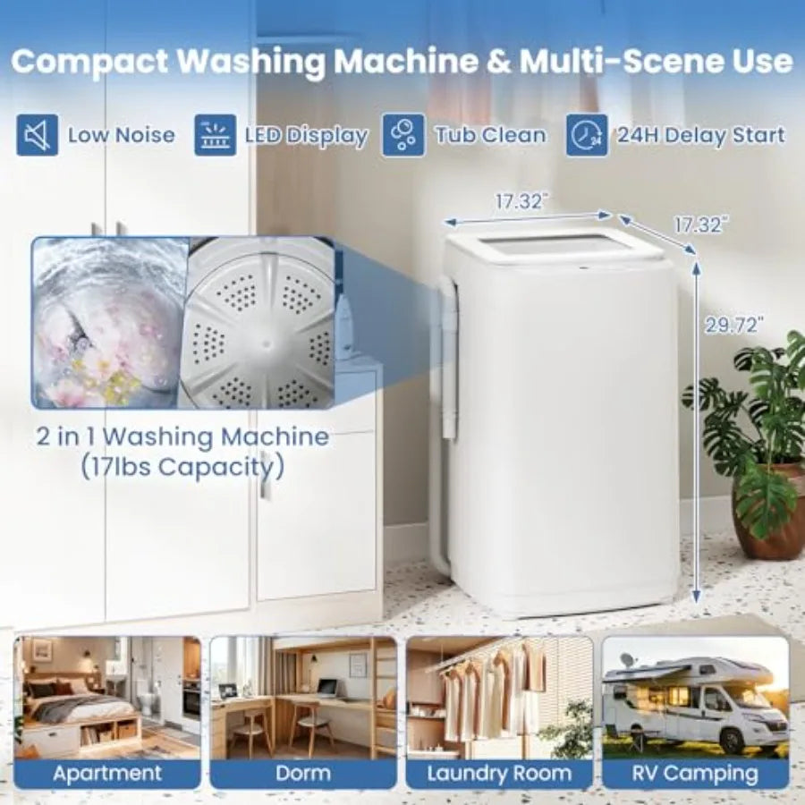 Portable washing machine for apartment/dorm/RV/camping: 17Lbs capacity, full-automatic top load, 10 cycles, 3 water levels, LED