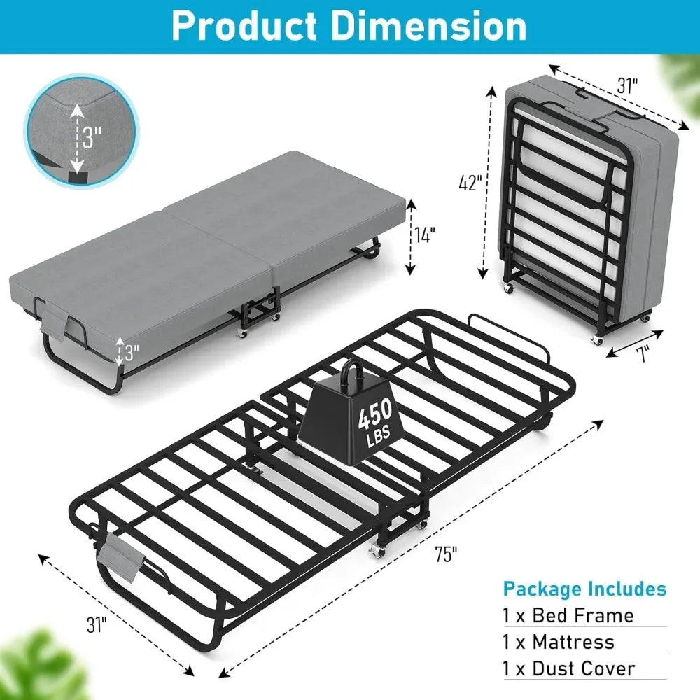 Folding Bed with Mattress for Adults,Portable Foldable Roll Away Bed on Wheels,Memory Foam Mattress and Metal Frame,Space Saving