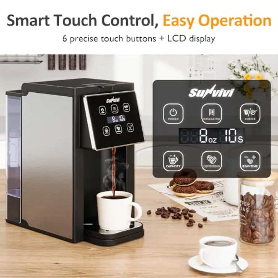 Coffee Maker with Grinder for Home Office Use, Stainless Steel Black/Silver, 3-in-1 Capsule/Ground/Tea Brewing, 614 Oz Cup, 50