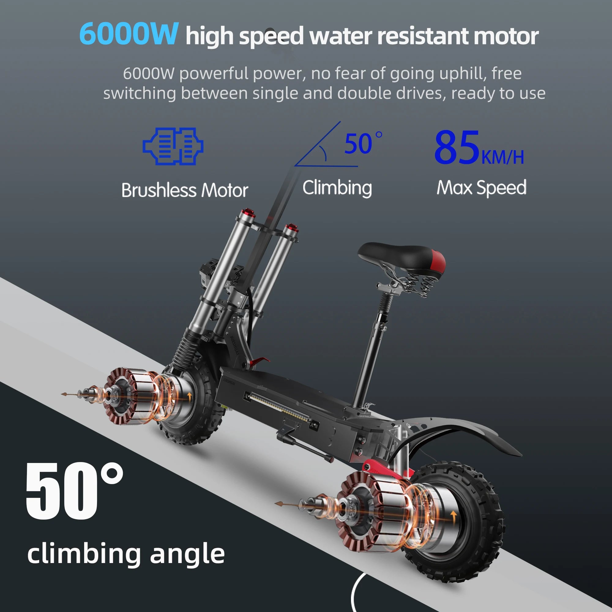 6000W Electric Scooter for Adults 85KM/H Max Speed Dual Motor 11" Off Road Tire E Scooter 30AH Lithium Battery Shock Absorption