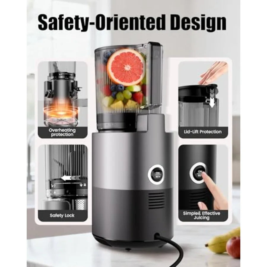 Cold Press Juicer for Home Use, Stainless Steel with Black Finish, 6 Wide Chute, 90oz Capacity, High Juice Yield, Quiet Operati