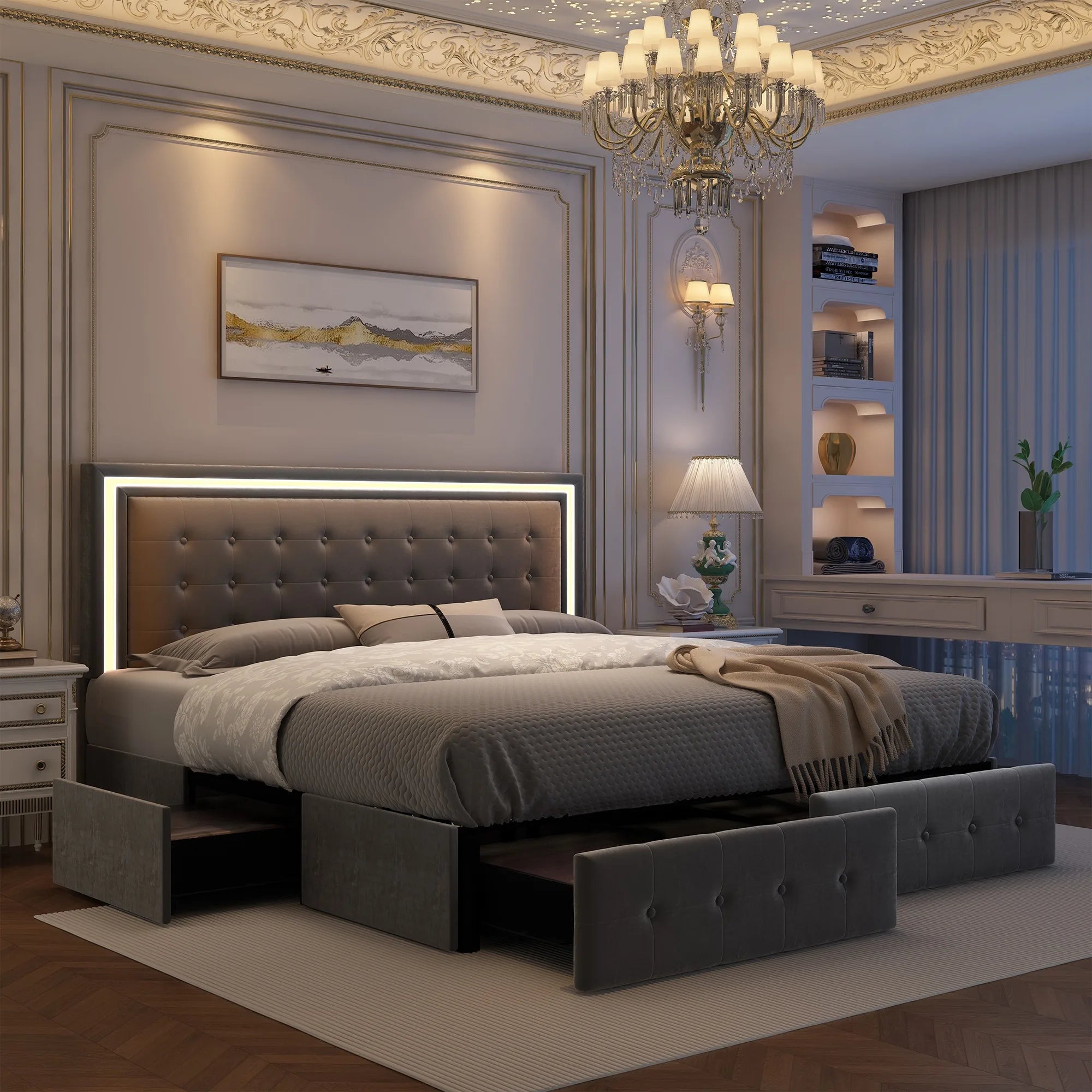 GEGOFORU Queen LED Bed Frame with 4 Storage Drawers, RGBW Headboard, PU Upholstered, No Box Spring Needed, 900 lbs Support