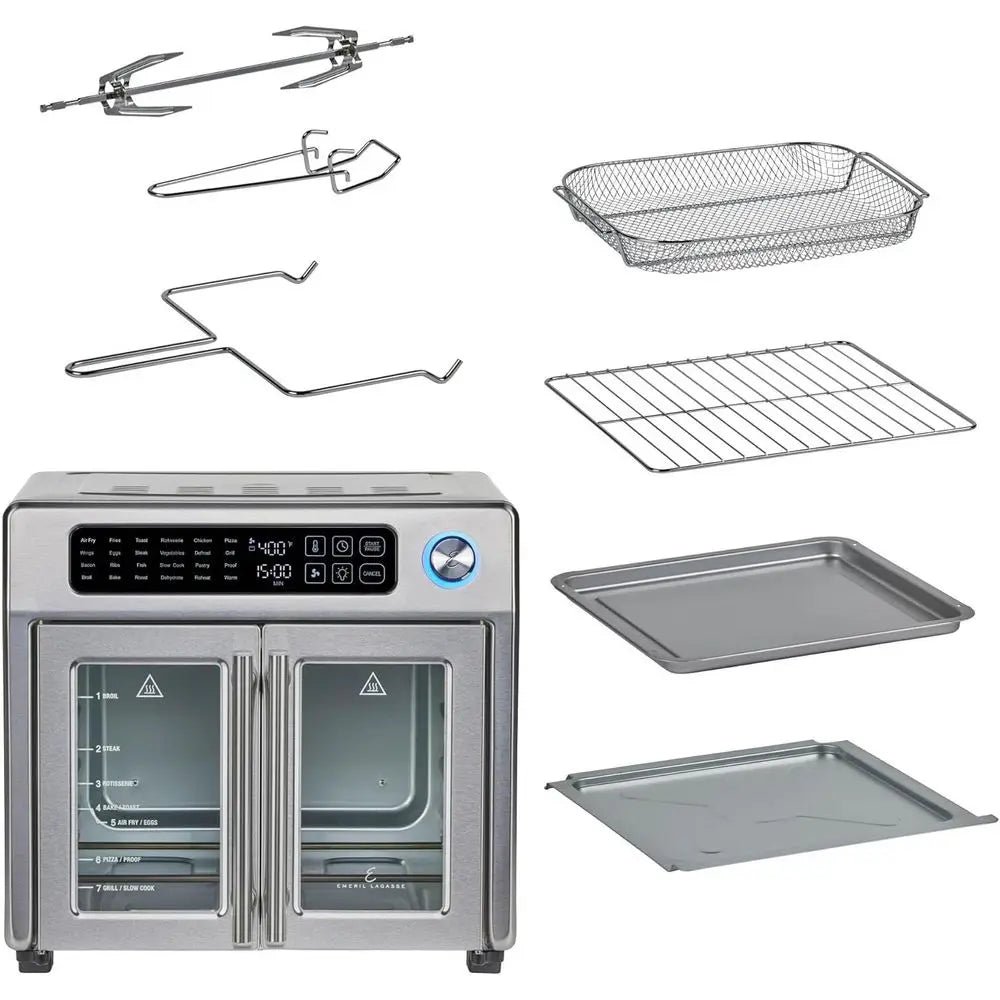 Extra Large French Door Air Fryer Toaster Oven Combo, 24 Functions, Digital Controls, 7 Accessories, Stainless Steel, 26QT Capac