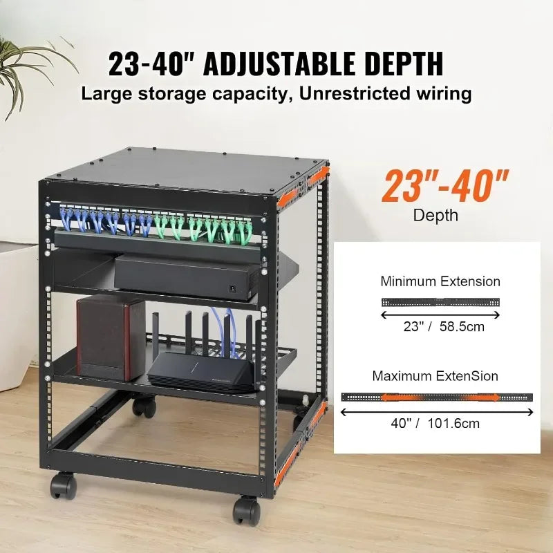 12U Open Frame Server Rack,23''-40'' Adjustable Depth, Free Standing or Wall Mount Network Server Rack, 4 Post AV Rack with NEW