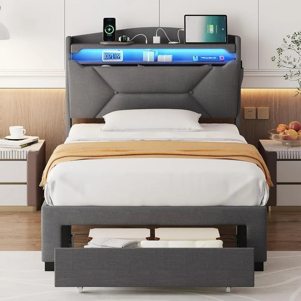 Frames with Storage Headboard, Upholstered Twin Size Bed Frame with Drawers, Charging Station and LED