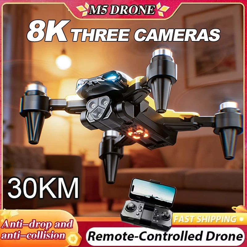ZNLYRION M5 Foldable Brushless RC Drone 8K Triple Camera Obstacle Avoidance Optical Flow Positioning 2.4G WIFI FPV APP Control One Key Return 360° Roll Mini Quadcopter Drone For Beginners