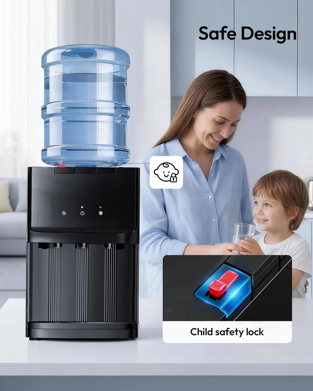 Top Load Water Dispenser for 3 or 5 Gallon Bottles, Countertop Cooler with 3 Temperatures, Hot & Cold Water, Child Safety Lock, Home Office Kitchen